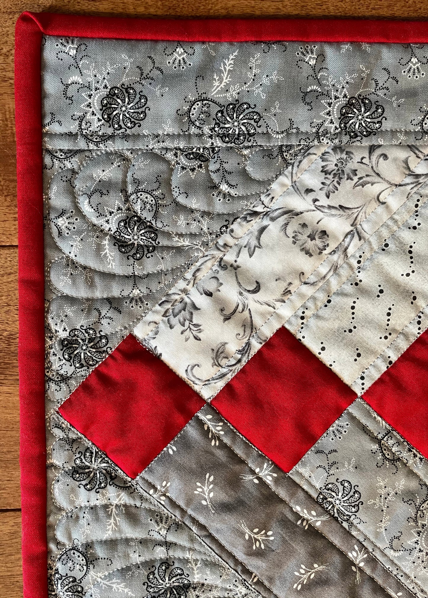 Handmade Table Runner - Grey and Red - Christmas, Holiday or Anytime Table Runner (14x44), Custom Quilted, Ready to Ship