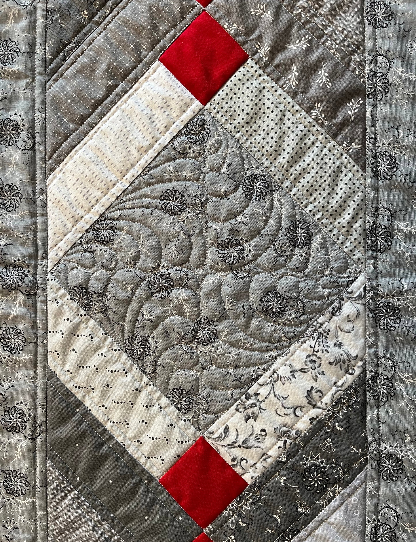 Handmade Table Runner - Grey and Red - Christmas, Holiday or Anytime Table Runner (14x44), Custom Quilted, Ready to Ship