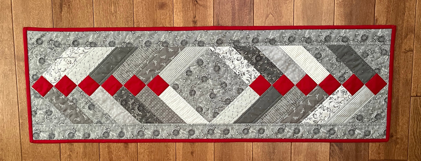 Handmade Table Runner - Grey and Red - Christmas, Holiday or Anytime Table Runner (14x44), Custom Quilted, Ready to Ship