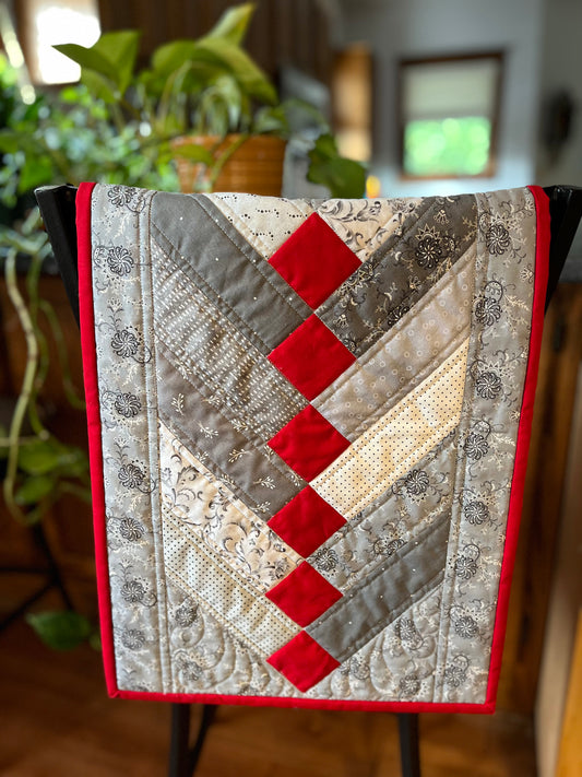 Handmade Table Runner - Grey and Red - Christmas, Holiday or Anytime Table Runner (14x44), Custom Quilted, Ready to Ship