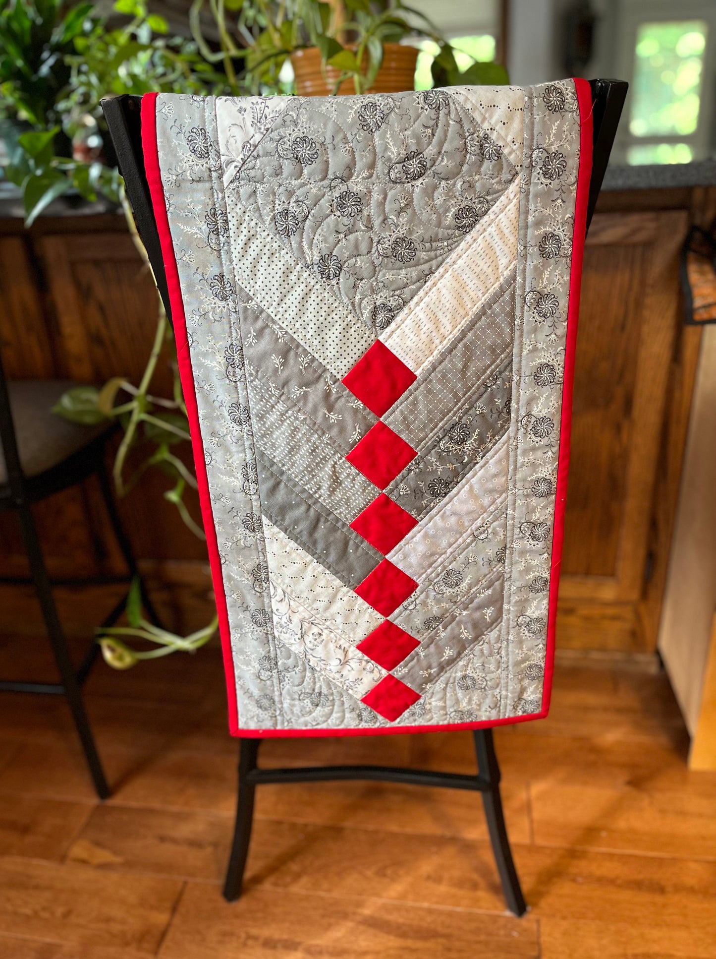 Handmade Table Runner - Grey and Red - Christmas, Holiday or Anytime Table Runner (14x44), Custom Quilted, Ready to Ship