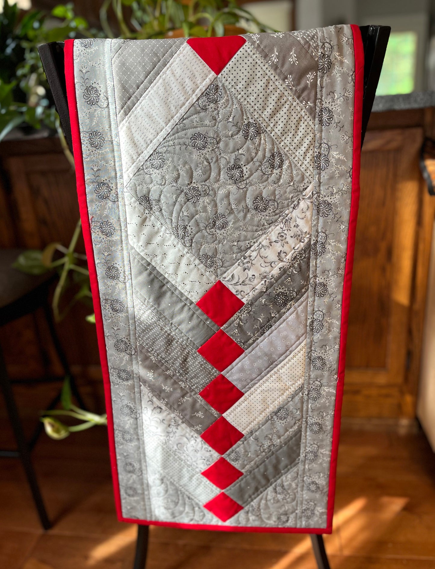 Handmade Table Runner - Grey and Red - Christmas, Holiday or Anytime Table Runner (14x44), Custom Quilted, Ready to Ship