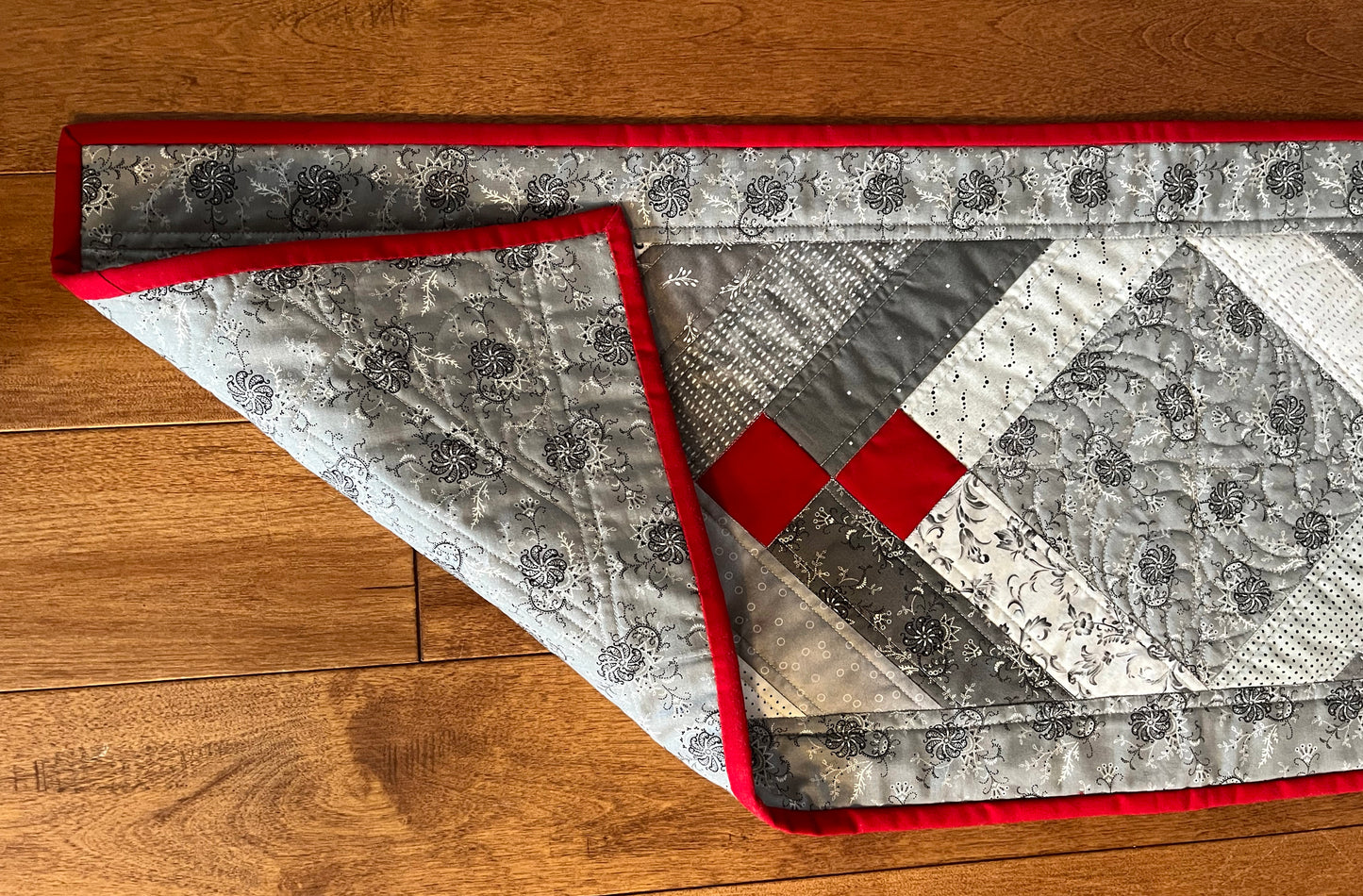 Handmade Table Runner - Grey and Red - Christmas, Holiday or Anytime Table Runner (14x44), Custom Quilted, Ready to Ship