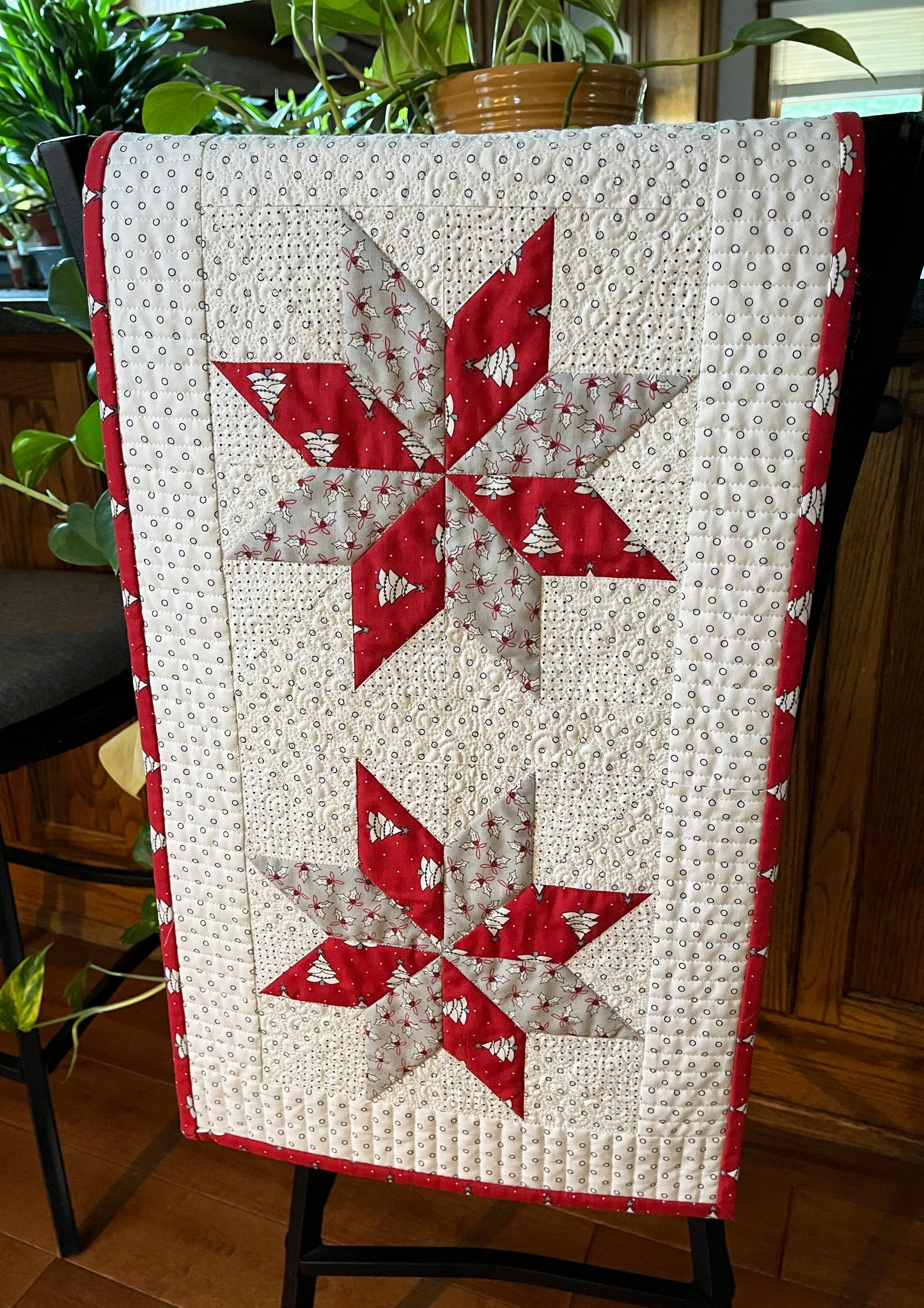 Christmas Handmade Quilted Table Runner - Red, Grey, Christmas Trees, Holly, Custom Quilted - 13.5"x55" - Ready to Ship