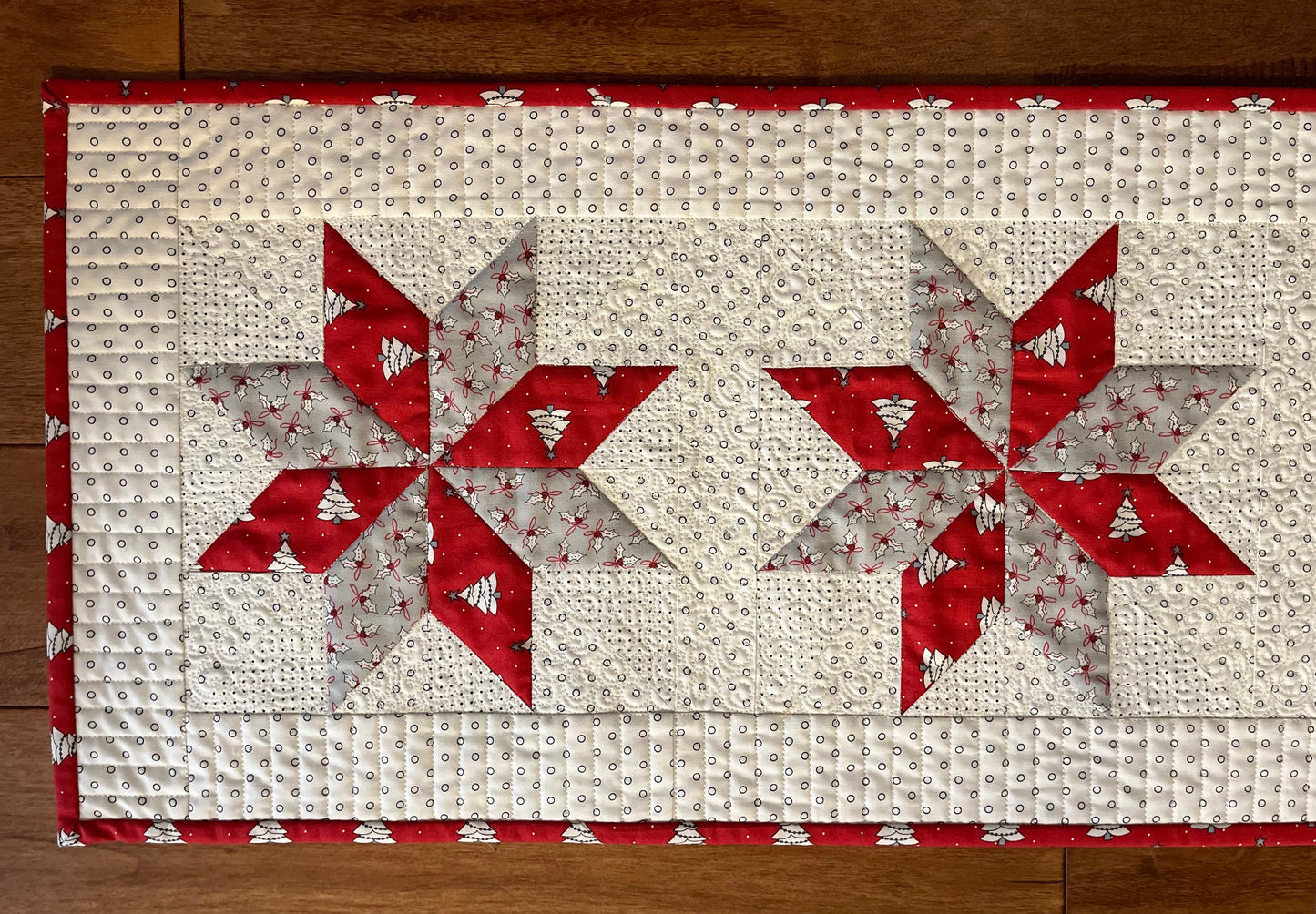 Christmas Handmade Quilted Table Runner - Red, Grey, Christmas Trees, Holly, Custom Quilted - 13.5"x55" - Ready to Ship