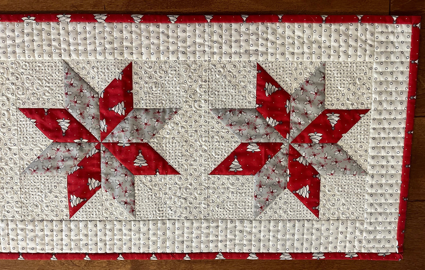 Christmas Handmade Quilted Table Runner - Red, Grey, Christmas Trees, Holly, Custom Quilted - 13.5"x55" - Ready to Ship