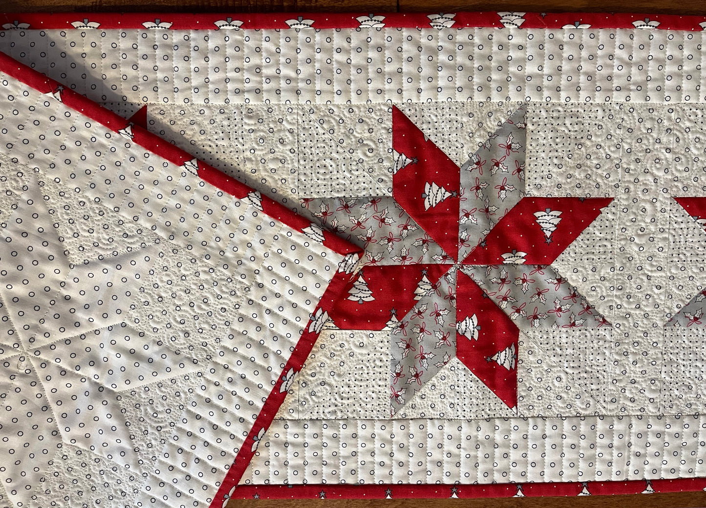 Christmas Handmade Quilted Table Runner - Red, Grey, Christmas Trees, Holly, Custom Quilted - 13.5"x55" - Ready to Ship