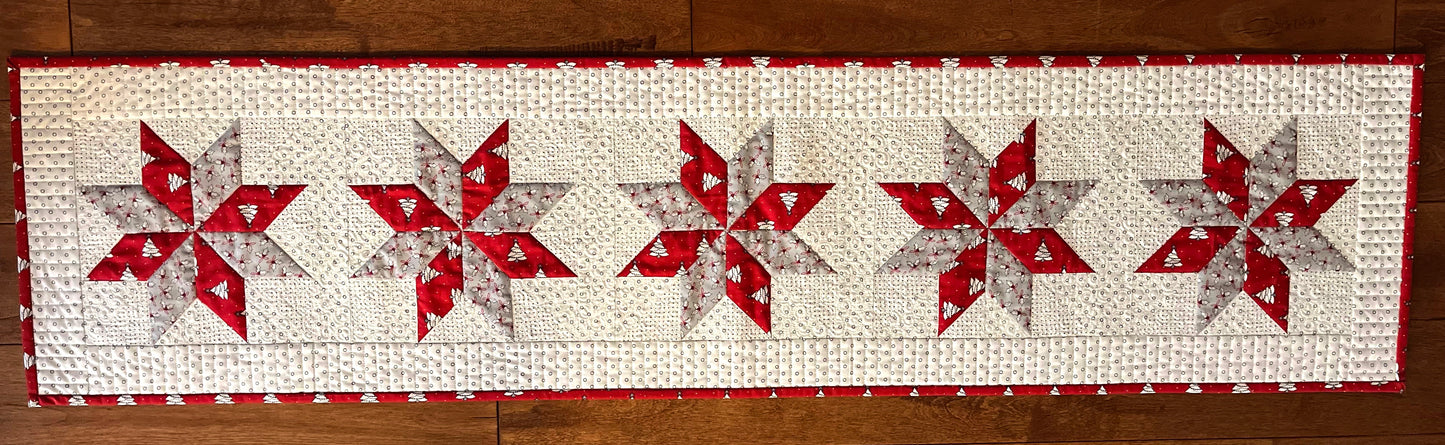 Christmas Handmade Quilted Table Runner - Red, Grey, Christmas Trees, Holly, Custom Quilted - 13.5"x55" - Ready to Ship