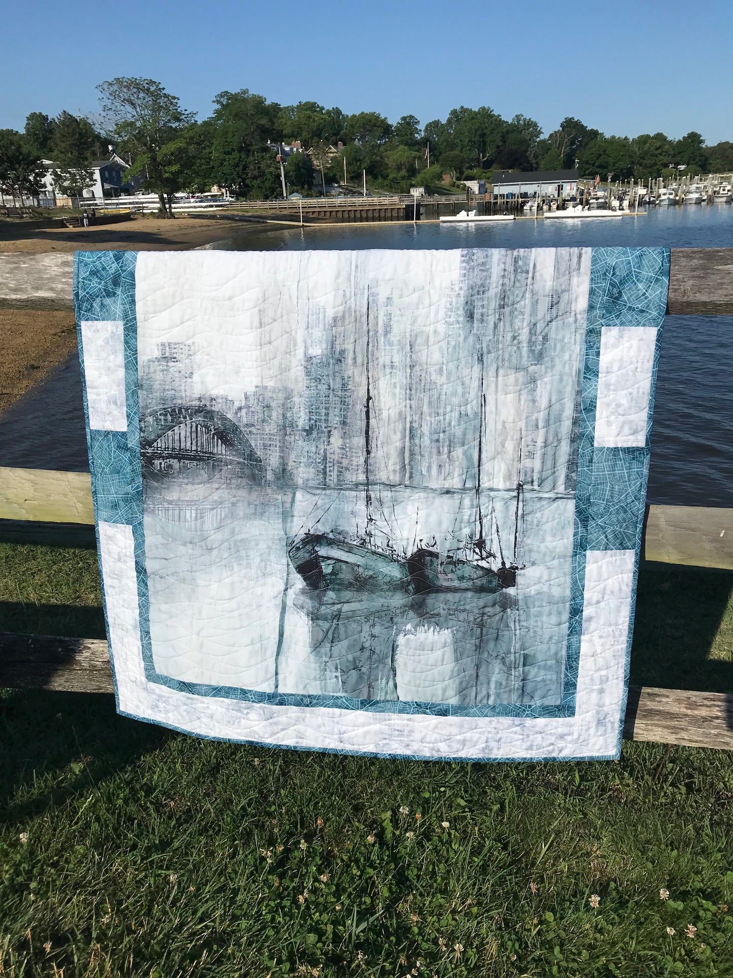 Handmade City Harbor Sailboat - Wall Hanging, Baby or Lap Quilt 41"x52"