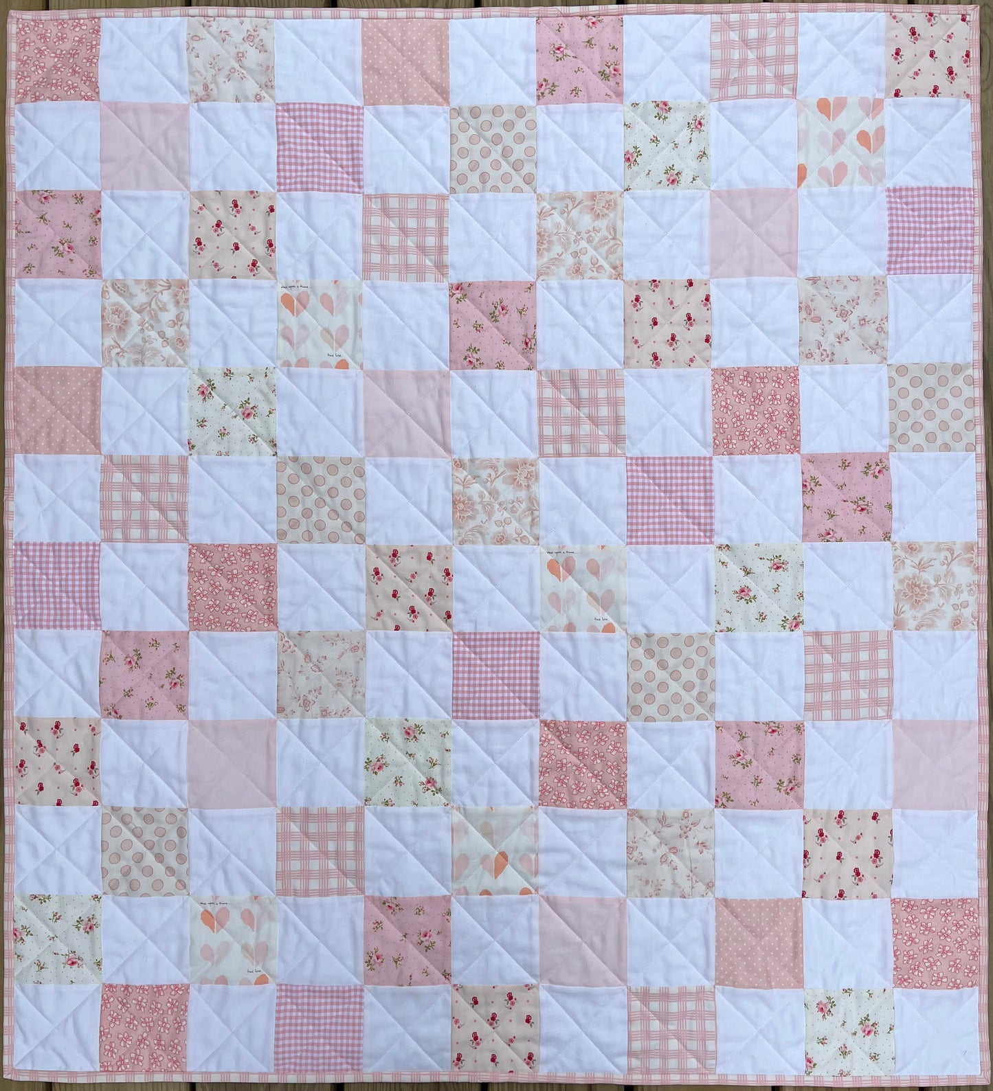 Handmade Baby Girl Quilt, Pink and White Patchwork Baby Girl Blanket (39x43) Ready to Ship!