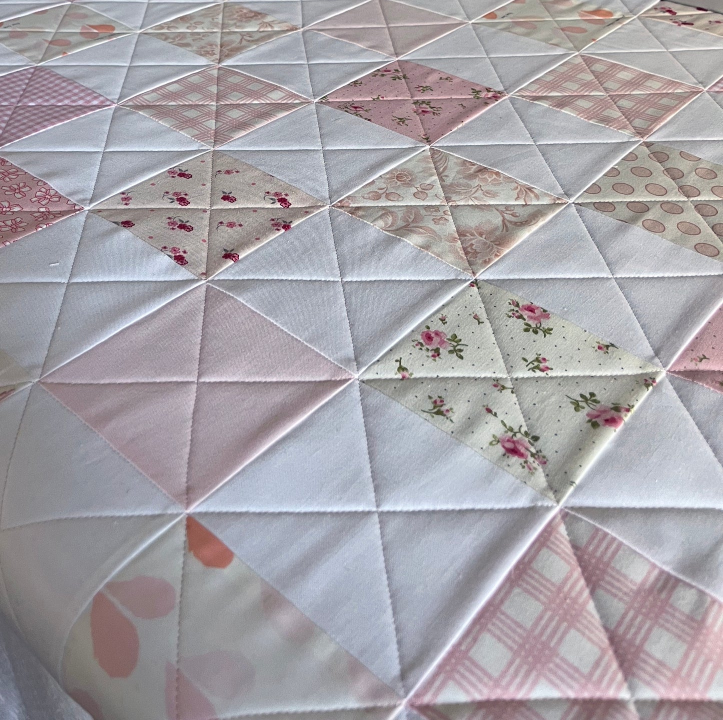 Handmade Baby Girl Quilt, Pink and White Patchwork Baby Girl Blanket (39x43) Ready to Ship!