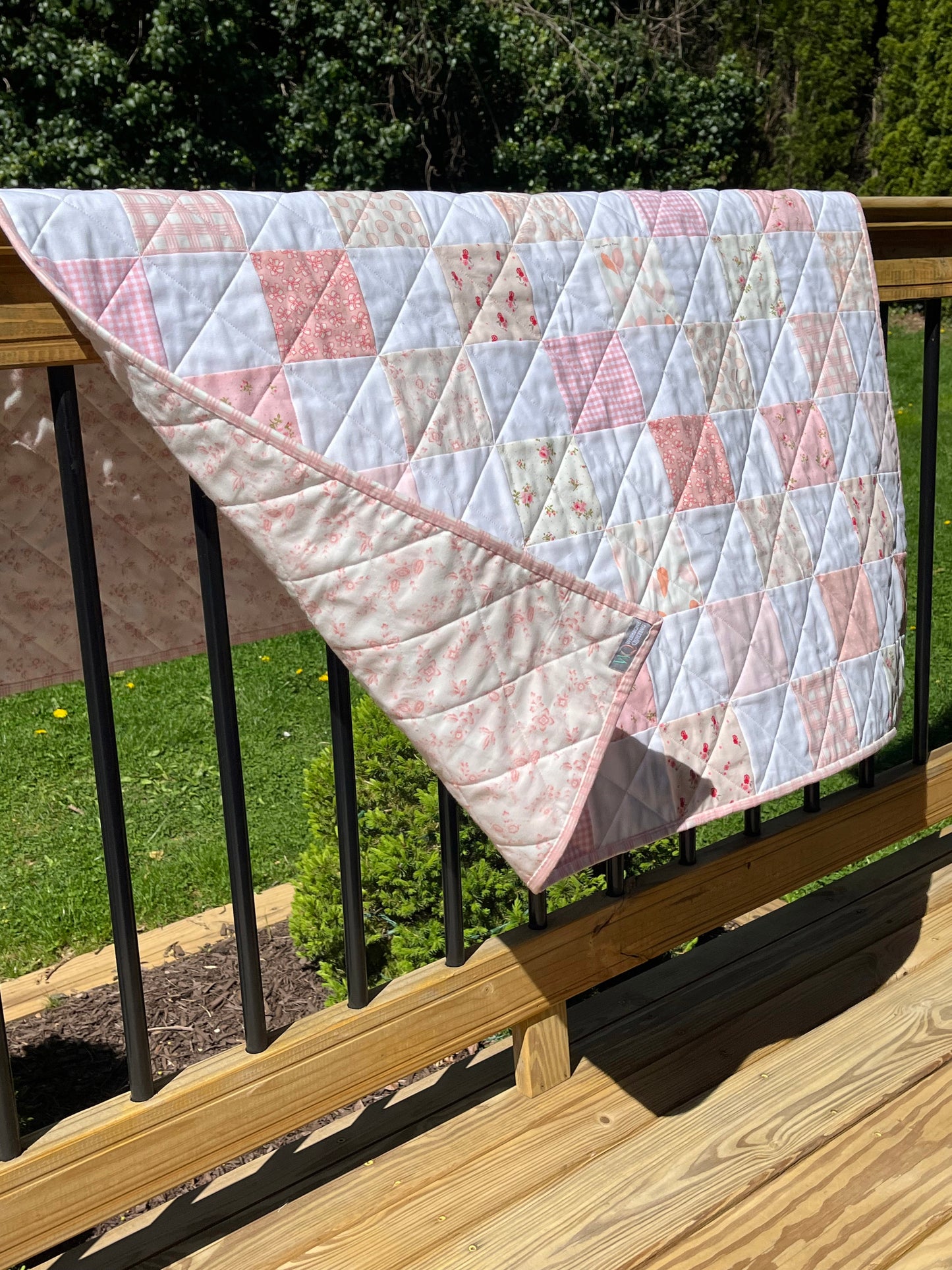 Handmade Baby Girl Quilt, Pink and White Patchwork Baby Girl Blanket (39x43) Ready to Ship!