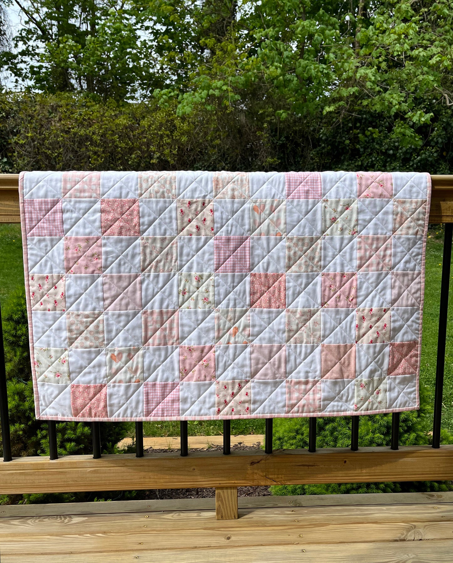 Handmade Baby Girl Quilt, Pink and White Patchwork Baby Girl Blanket (39x43) Ready to Ship!