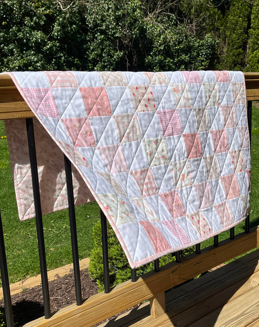 Handmade Baby Girl Quilt, Pink and White Patchwork Baby Girl Blanket (39x43) Ready to Ship!