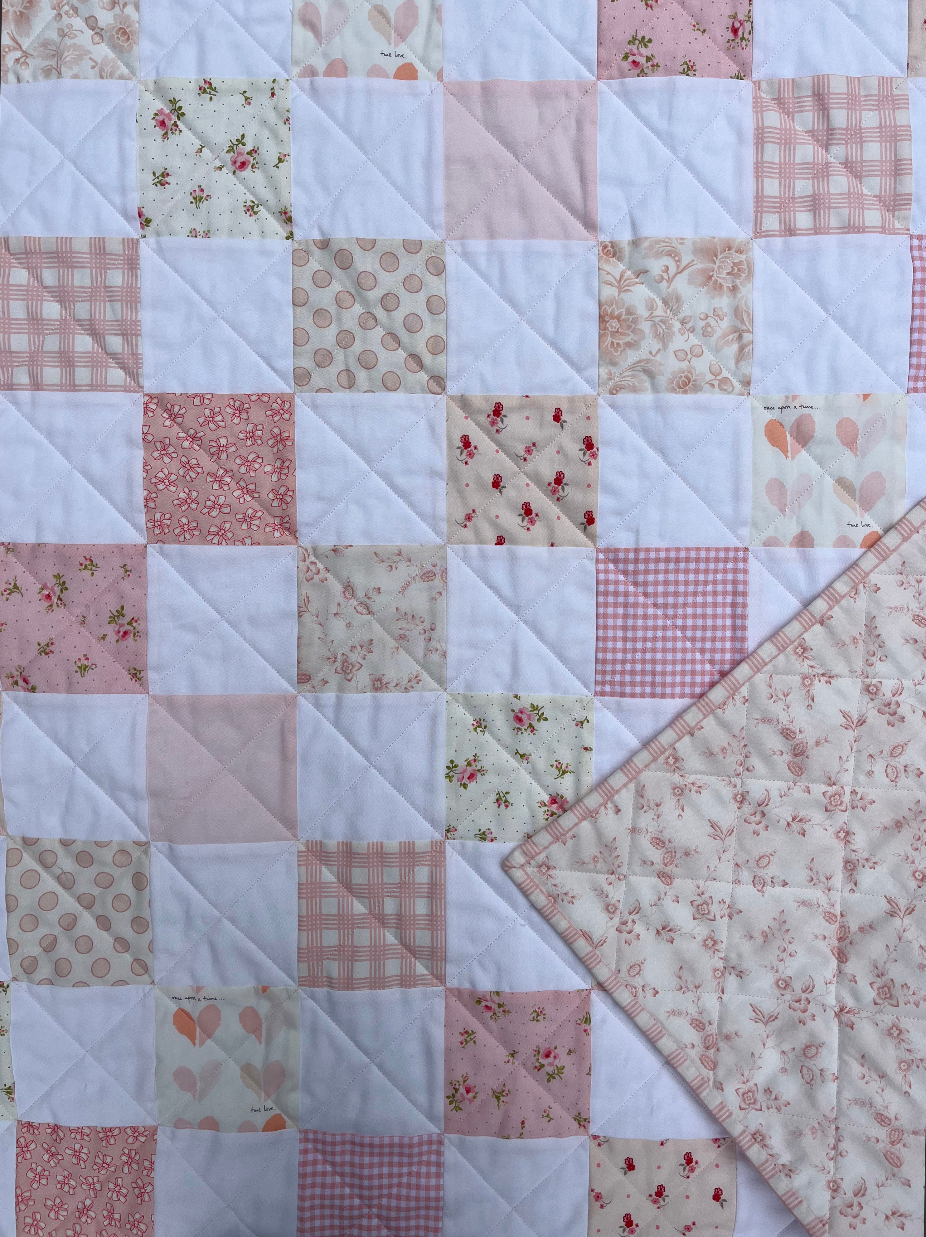 Handmade Baby Girl Quilt Pink and White Patchwork Baby Girl Blanket Wishbone Quilting