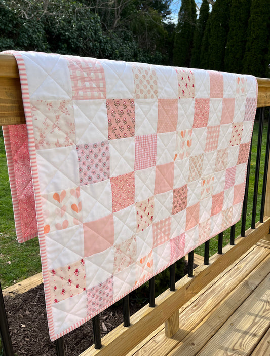 Handmade Baby Girl Quilt, Pink and White Patchwork Baby Girl Blanket (39x42.5) Great MOTHER'S DAY gift to new mom.  Ready to Ship!