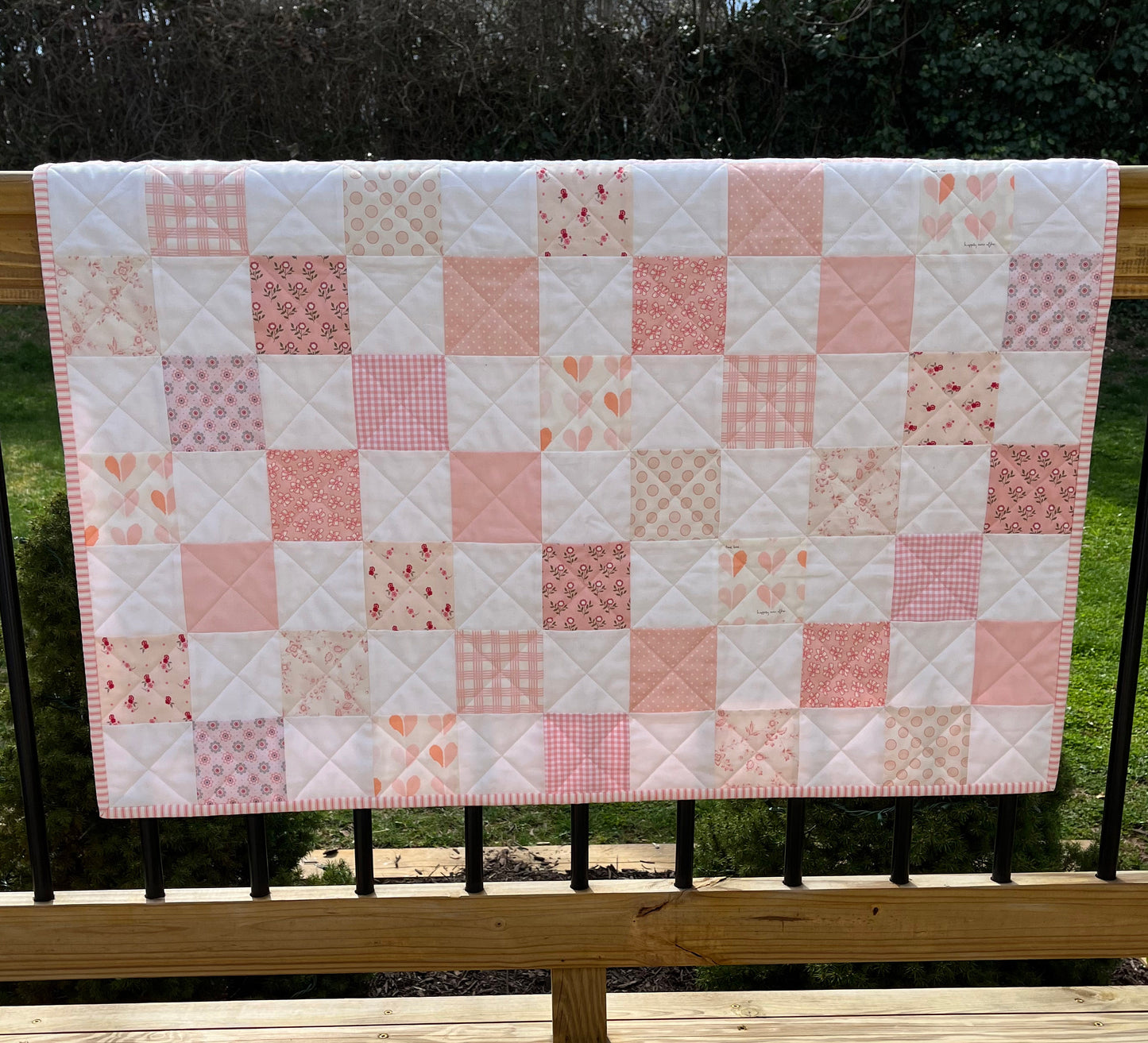 Handmade Baby Girl Quilt, Pink and White Patchwork Baby Girl Blanket (39x42.5) Great MOTHER'S DAY gift to new mom.  Ready to Ship!