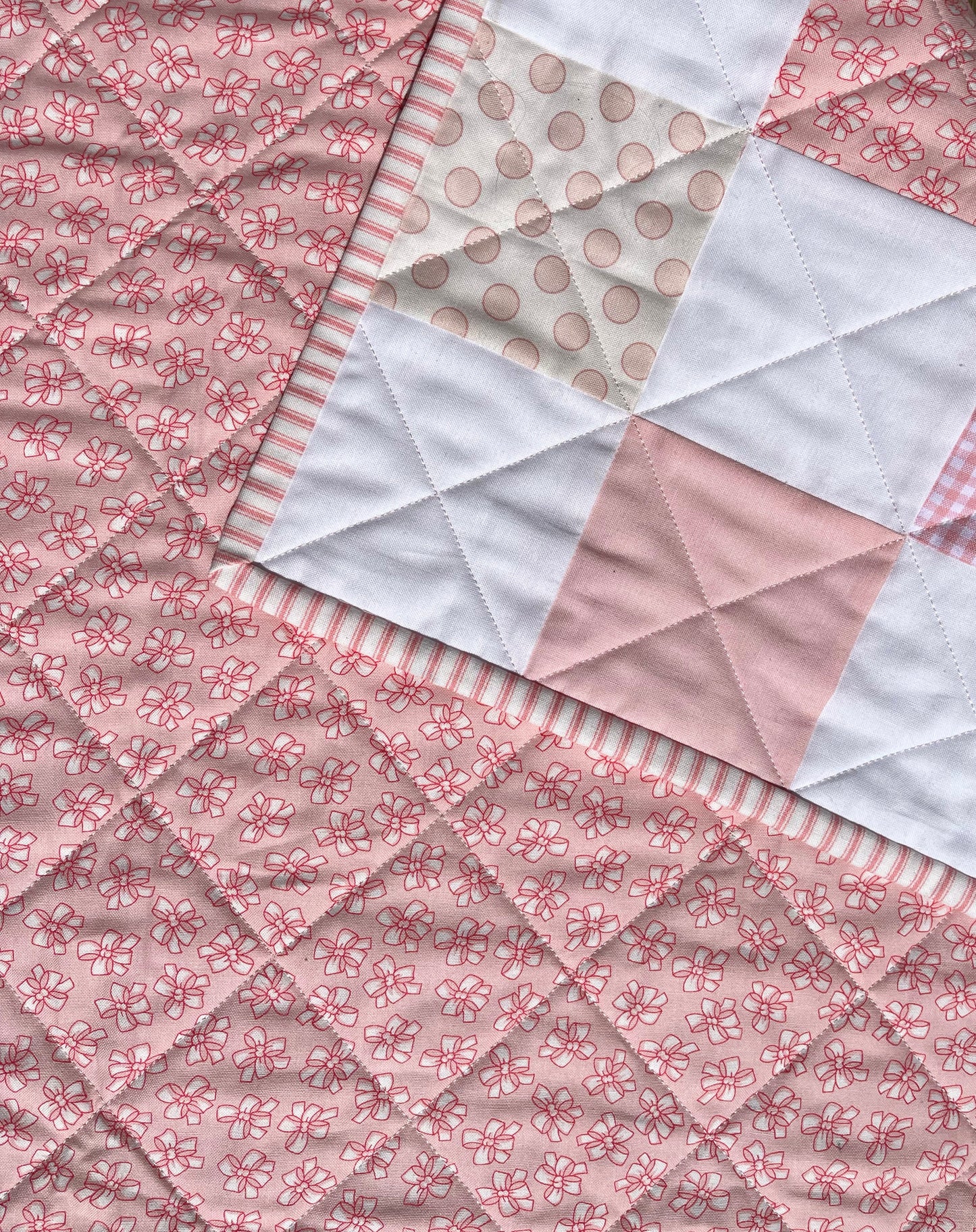 Handmade Baby Girl Quilt, Pink and White Patchwork Baby Girl Blanket (39x42.5) Great MOTHER'S DAY gift to new mom.  Ready to Ship!