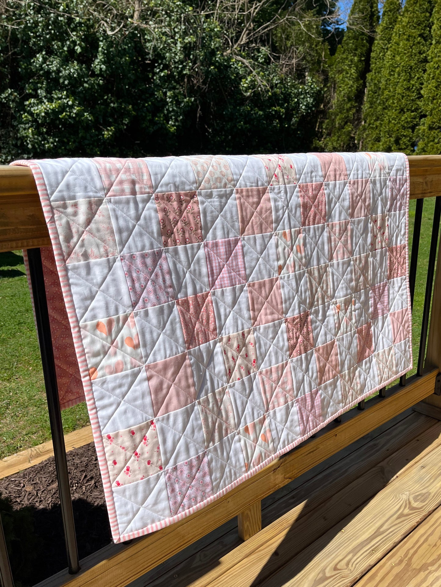 Handmade Baby Girl Quilt, Pink and White Patchwork Baby Girl Blanket (39x42.5) Great MOTHER'S DAY gift to new mom.  Ready to Ship!