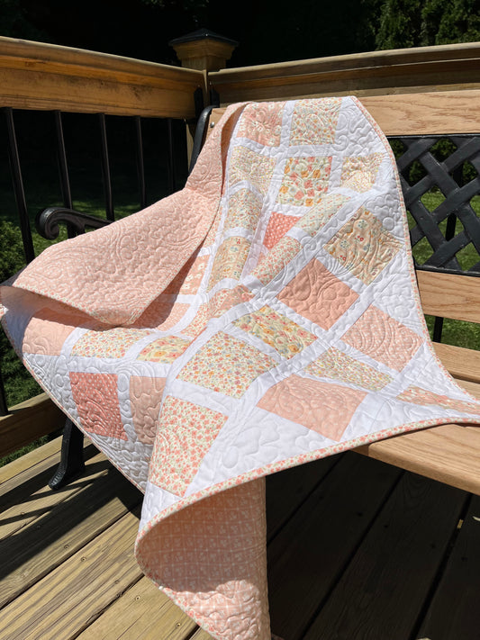 Handmade Baby Girl Quilt or Lap Quilt in Pink, Peach, Cream (38.5X46.5)