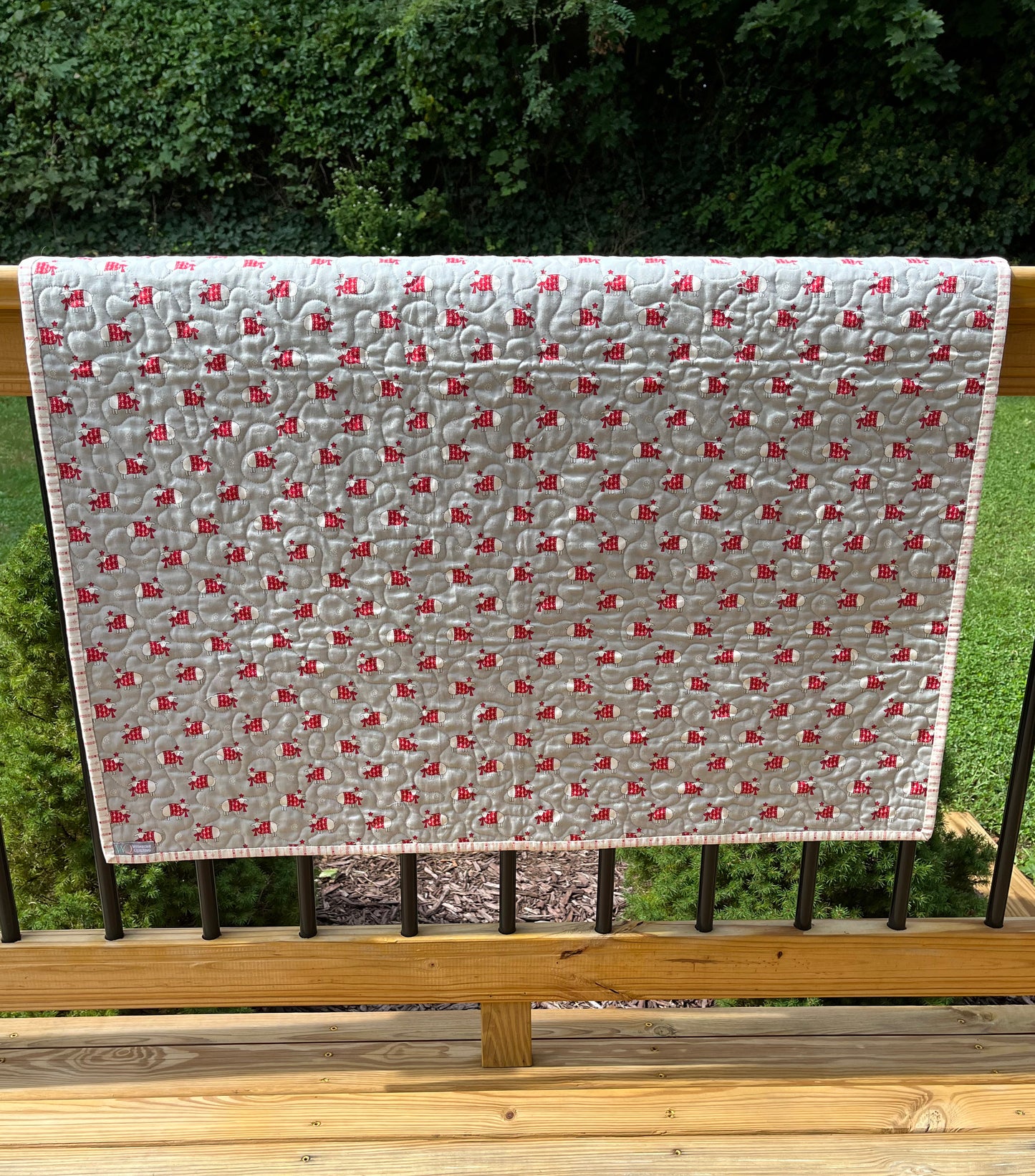 Christmas Baby Quilt (Grey Backing), Country Christmas Handmade Baby Blanket, Red, Grey, Cream, Ready to Ship