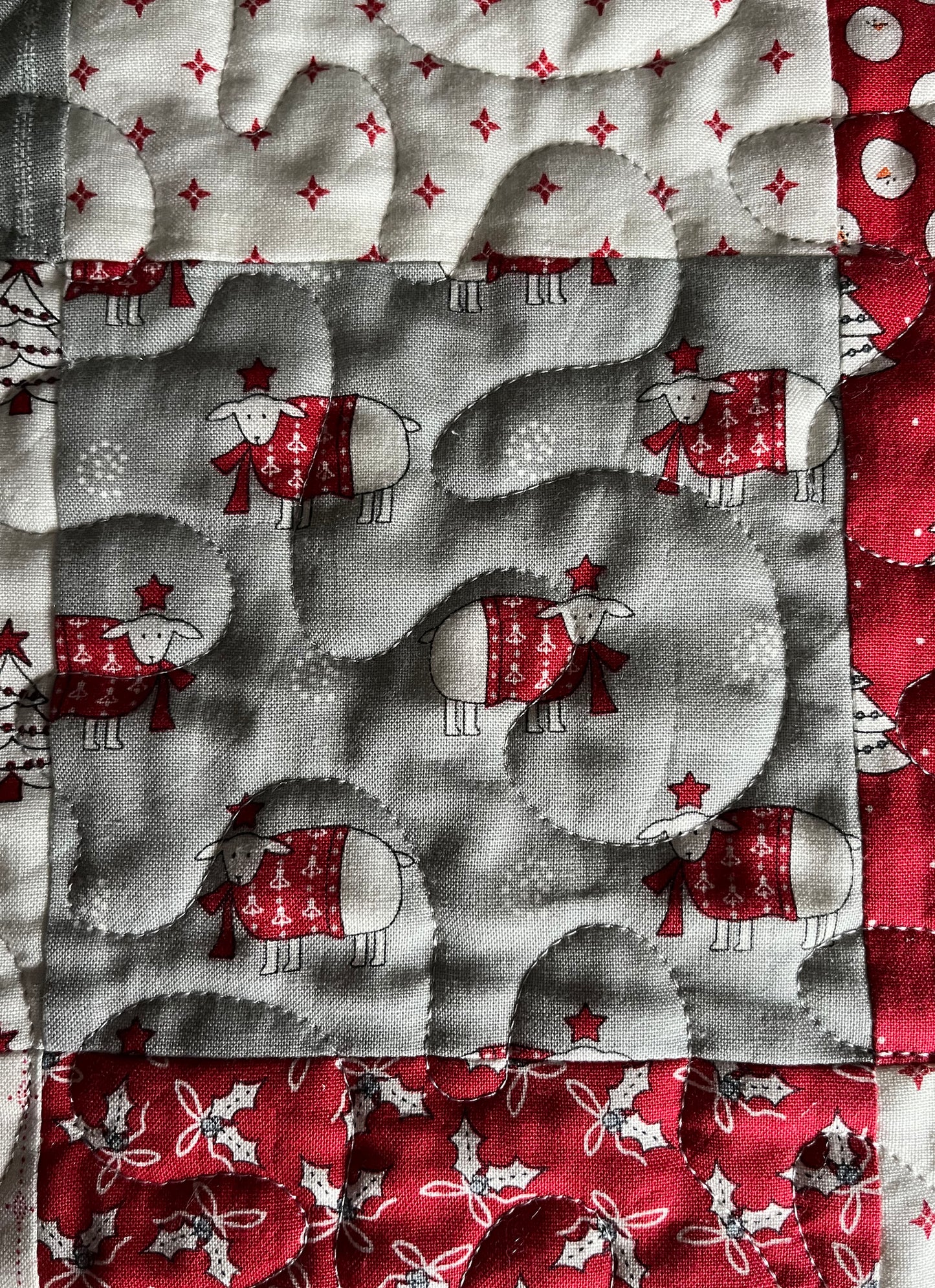 Christmas Baby Quilt (Grey Backing), Country Christmas Handmade Baby Blanket, Red, Grey, Cream, Ready to Ship