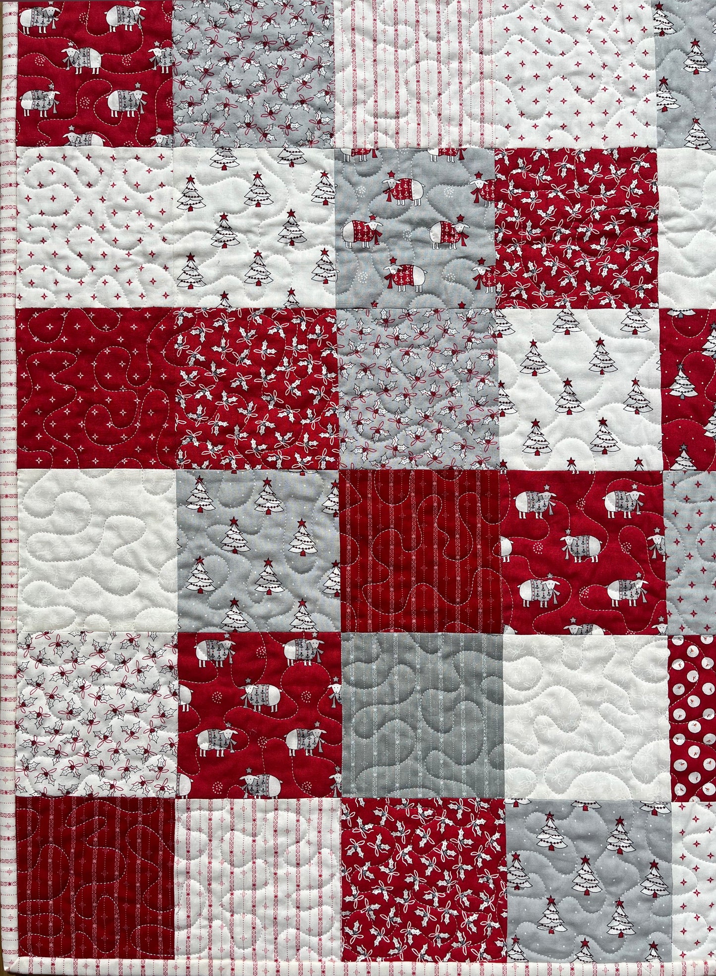 Christmas Baby Quilt (Grey Backing), Country Christmas Handmade Baby Blanket, Red, Grey, Cream, Ready to Ship