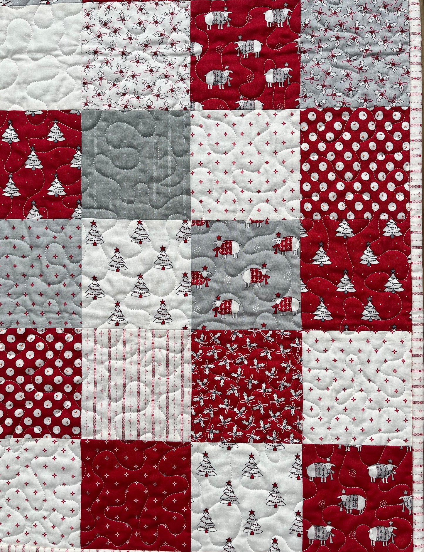 Christmas Baby Quilt (Grey Backing), Country Christmas Handmade Baby Blanket, Red, Grey, Cream, Ready to Ship