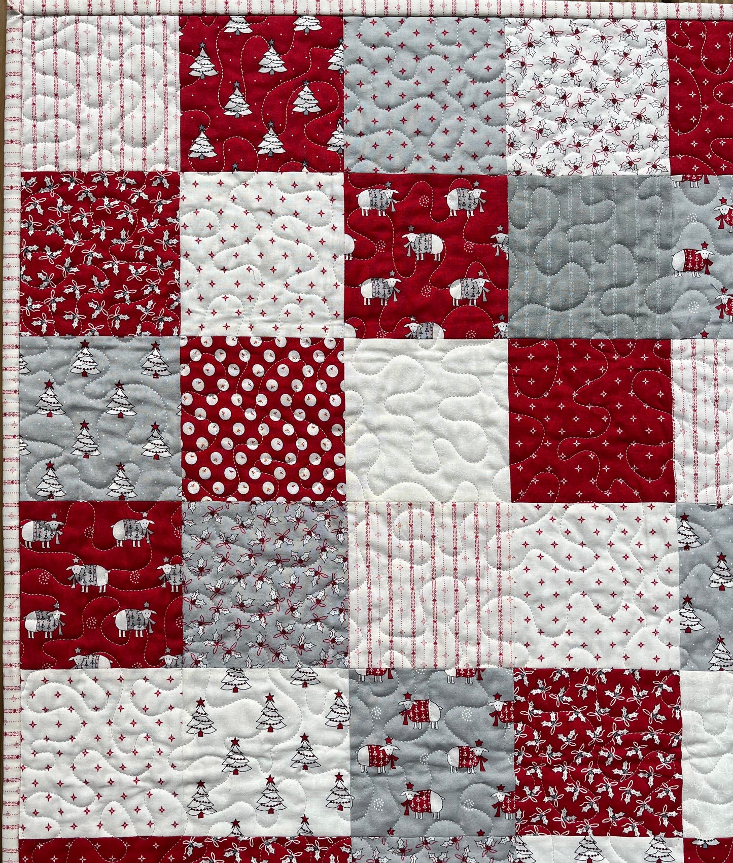 Christmas Baby Quilt (Grey Backing), Country Christmas Handmade Baby Blanket, Red, Grey, Cream, Ready to Ship