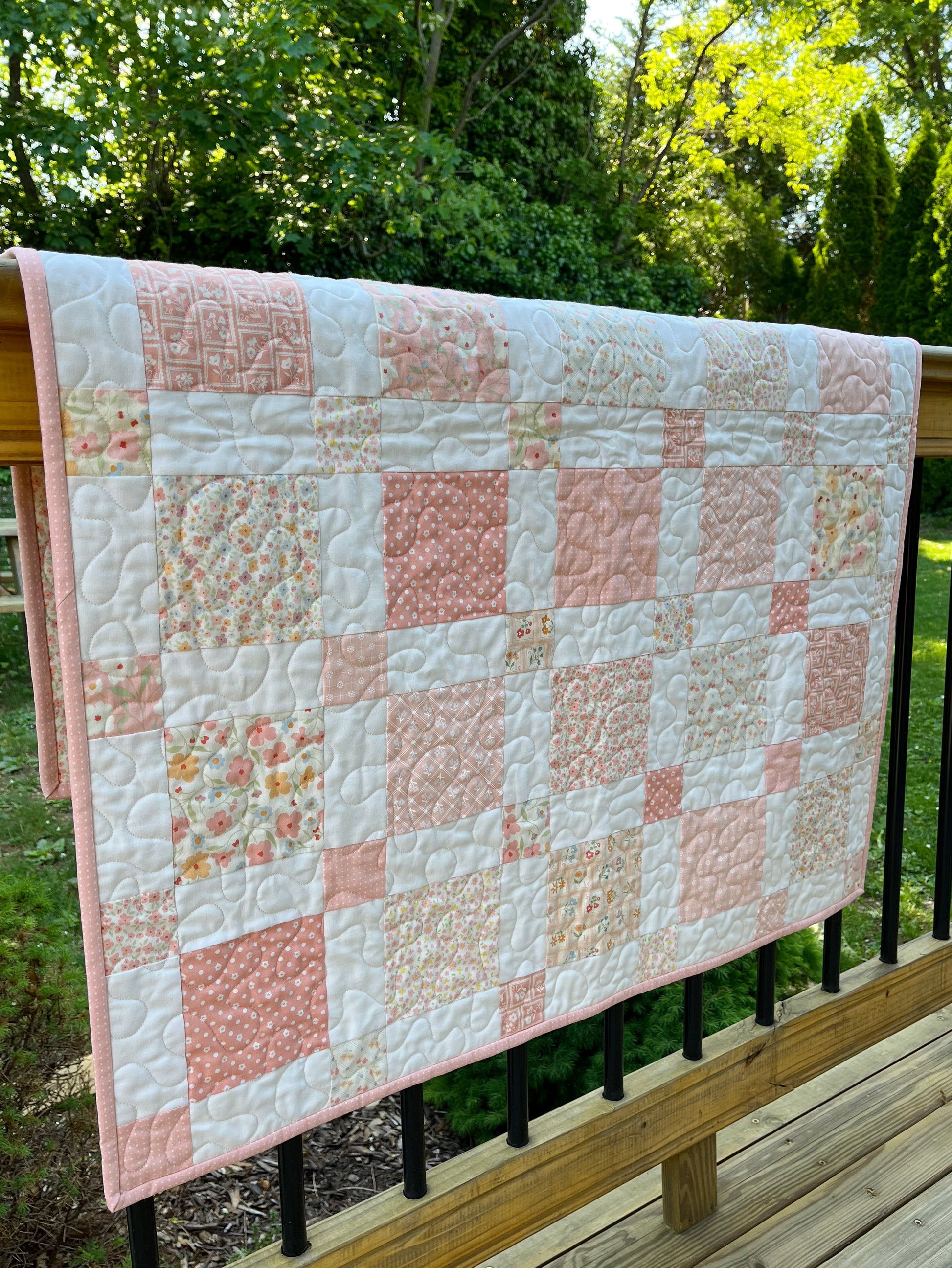 Handmade Baby Girl Quilt, Moda Cottage Charm -- Pink, Peach and