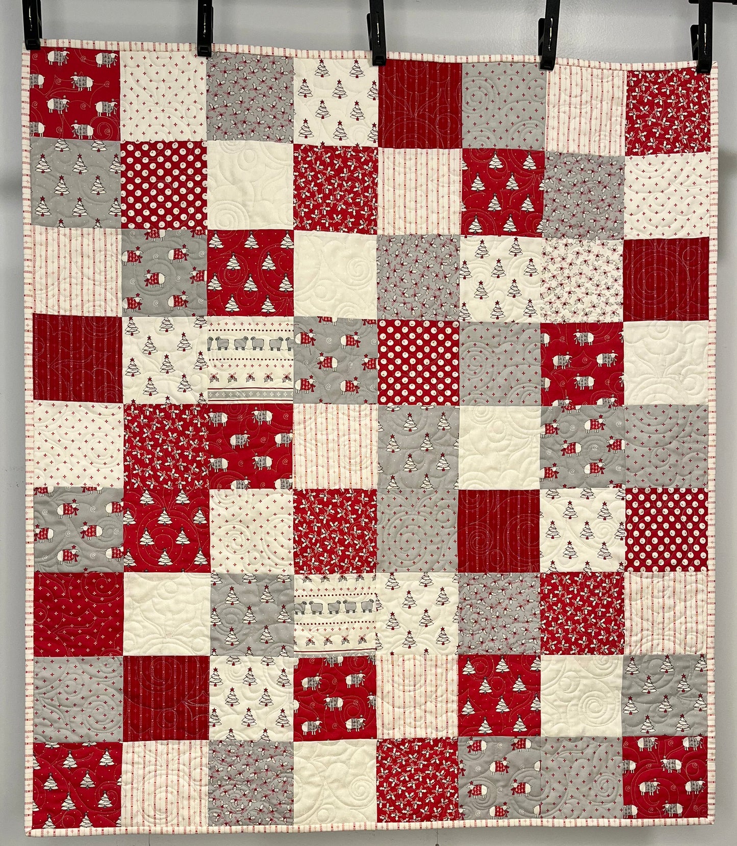 Handmade Christmas Baby Quilt - Whimsical Baby Blanket (36.5x41) Adult Lap Quilt, Red, Grey, Cream-Moda Country Christmas