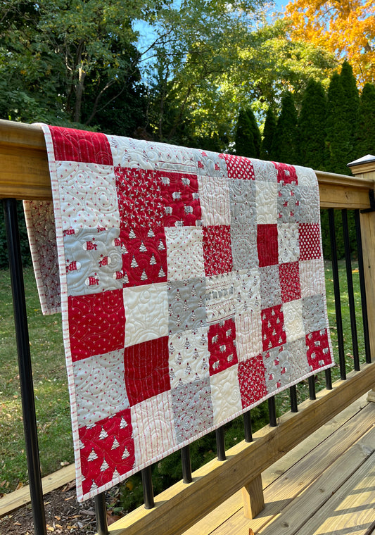 Handmade Christmas Baby Quilt - Whimsical Baby Blanket (36.5x41) Adult Lap Quilt, Red, Grey, Cream-Moda Country Christmas