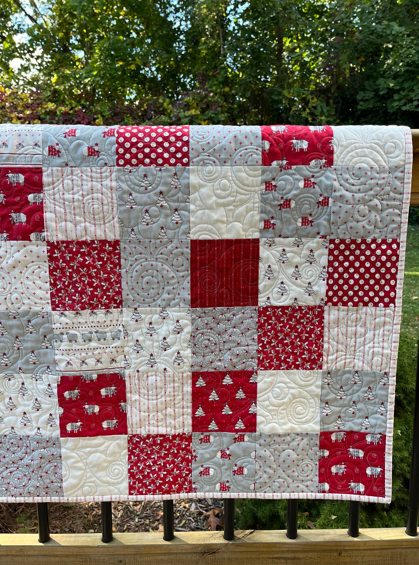 Handmade Christmas Baby Quilt - Whimsical Baby Blanket (36.5x41) Adult Lap Quilt, Red, Grey, Cream-Moda Country Christmas