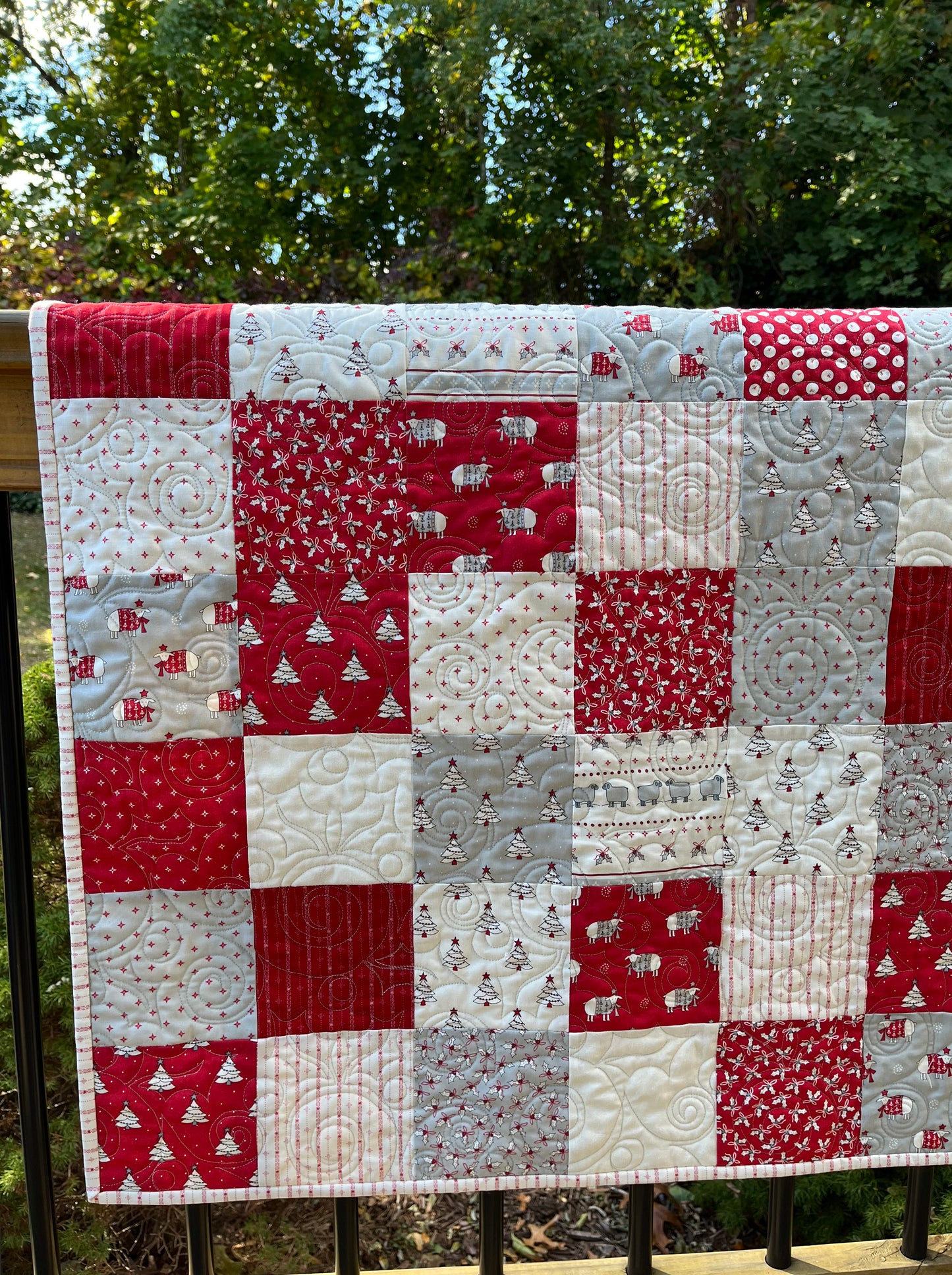 Handmade Christmas Baby Quilt - Whimsical Baby Blanket (36.5x41) Adult Lap Quilt, Red, Grey, Cream-Moda Country Christmas