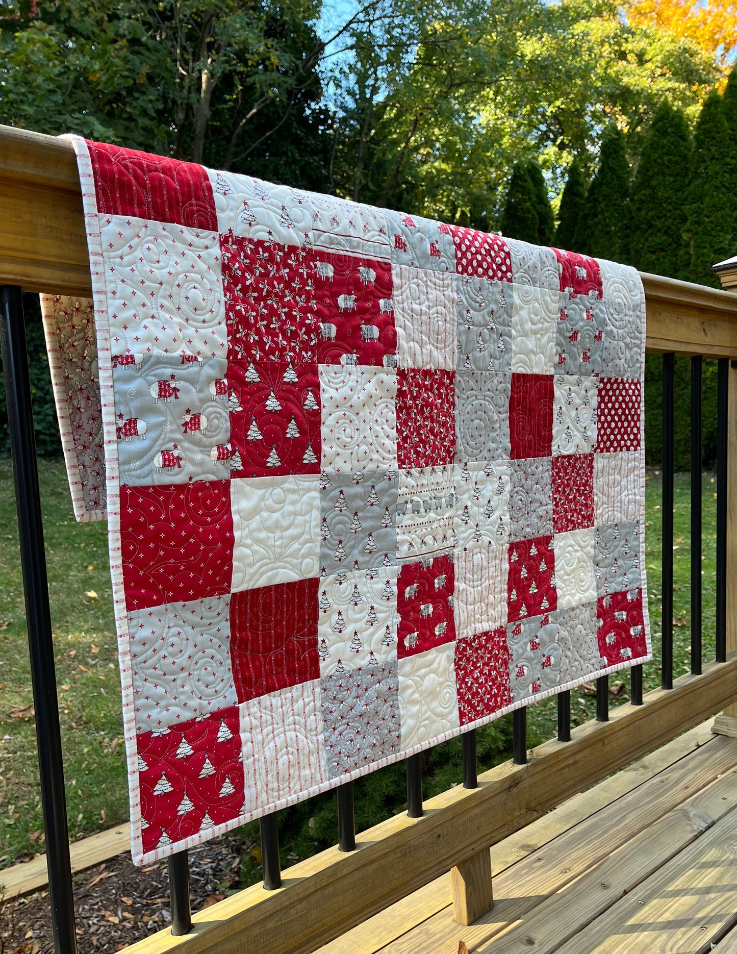 Handmade Christmas Baby Quilt - Whimsical Baby Blanket (36.5x41) Adult Lap Quilt, Red, Grey, Cream-Moda Country Christmas
