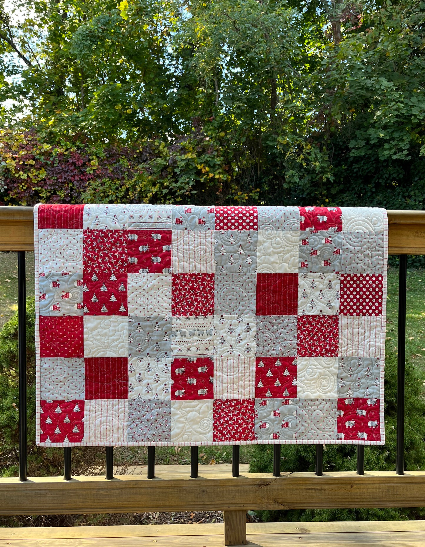 Handmade Christmas Baby Quilt - Whimsical Baby Blanket (36.5x41) Adult Lap Quilt, Red, Grey, Cream-Moda Country Christmas