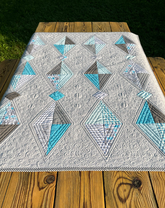 Handmade Baby Quilt, Table Topper, Wall Hanging, Adult Lap Quilt - Modern Grey & Turquoise Baby Blanket, One of a Kind (34.5x46.5) Ready to Ship!