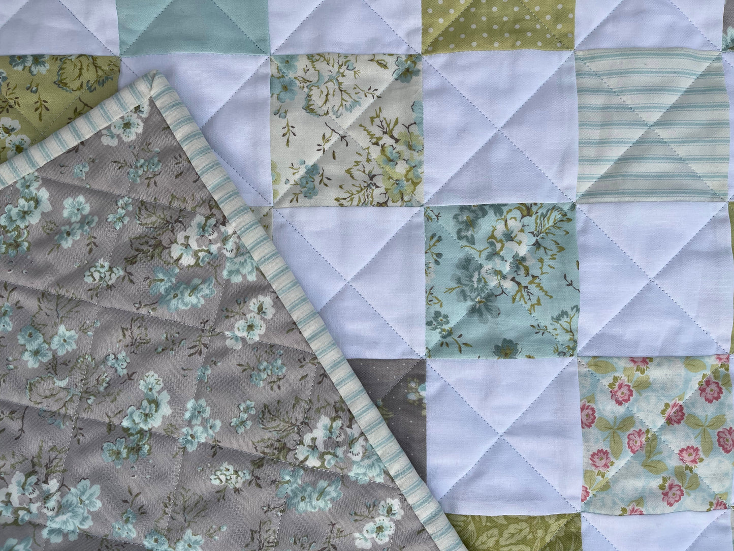 Handmade Baby Girl Quilt, Baby Girl Blanket (37"x43"), Grey Floral Back, Adult Lap Quilt, Ready to Ship!