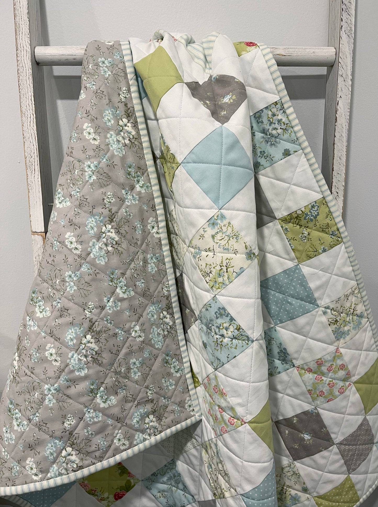 Handmade Baby Girl Quilt, Baby Girl Blanket (37"x43"), Grey Floral Back, Adult Lap Quilt, Ready to Ship!