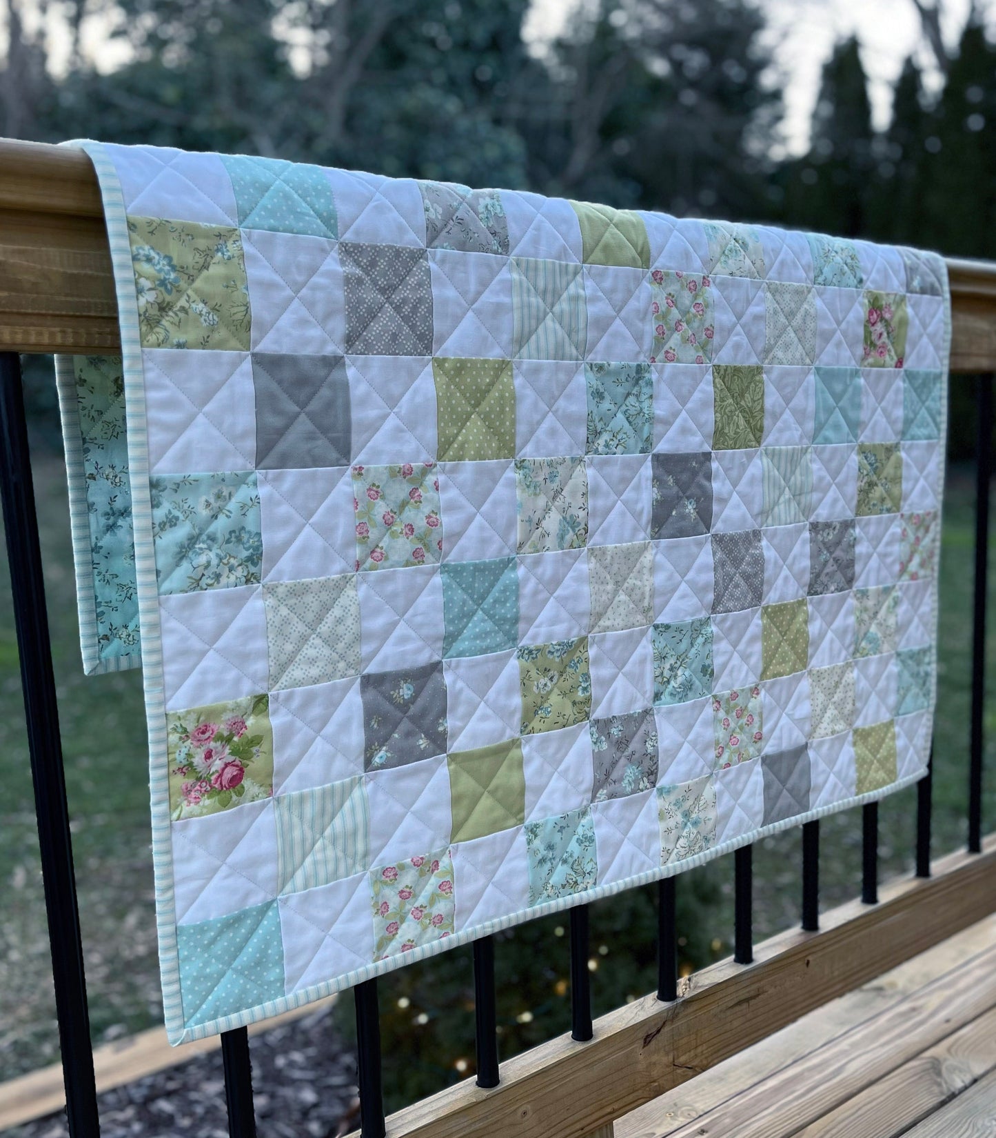 Handmade Aqua Floral Back Baby Girl Quilt, Baby Girl Blanket (37"x40")  Ready to Ship!