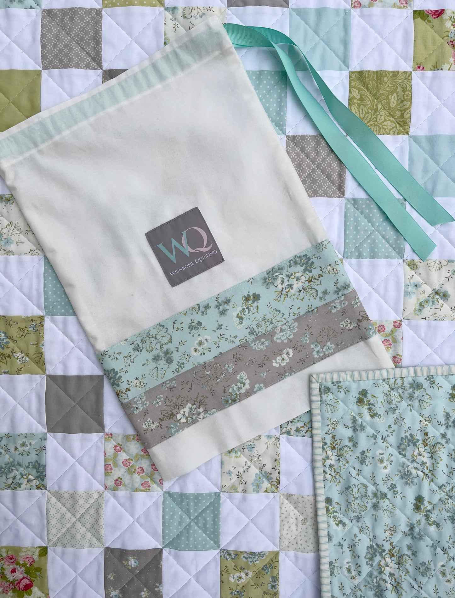 Handmade Aqua Floral Back Baby Girl Quilt, Baby Girl Blanket (37"x40")  Ready to Ship!