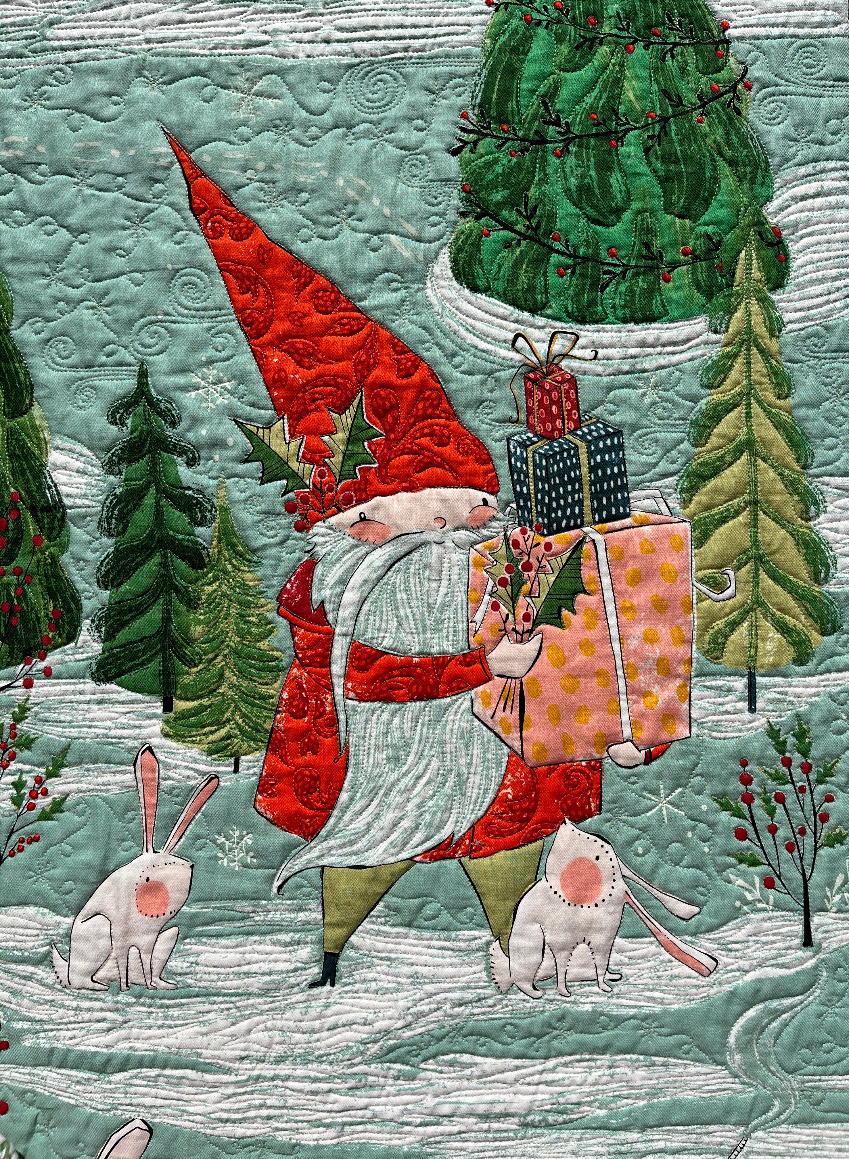 Vintage 2024 Hand Sewn Christmas Quilted Throw Four Santas Of The World With Colorful Prints Metallic Edging & Fully Reversible One Of A Kind