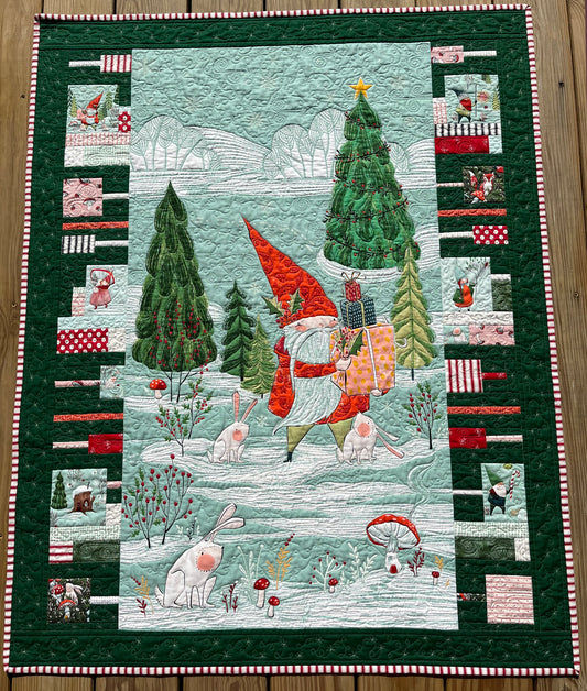 Christmas Handmade Baby Quilt - Baby's First Christmas Quilt, Enchanted Forest, Gnomes, Heirloom, Custom Quilted, Gender Neutral - Ready to Ship