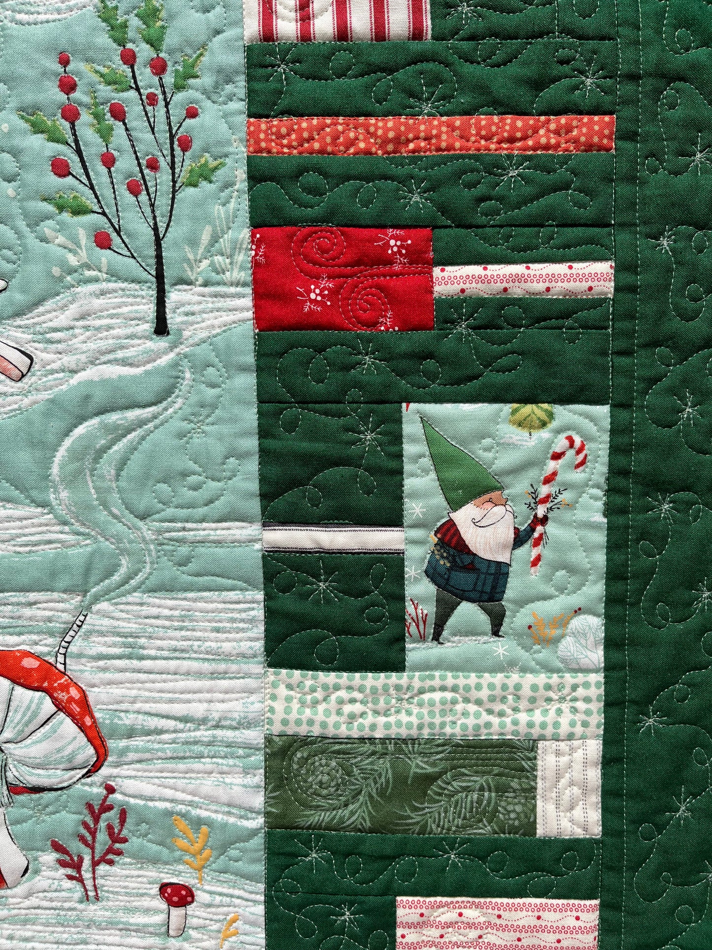 Christmas Handmade Baby Quilt - Baby's First Christmas Quilt, Enchanted Forest, Gnomes, Heirloom, Custom Quilted, Gender Neutral - Ready to Ship