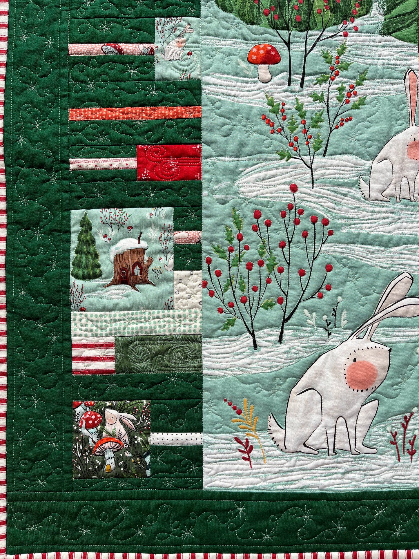 Christmas Handmade Baby Quilt - Baby's First Christmas Quilt, Enchanted Forest, Gnomes, Heirloom, Custom Quilted, Gender Neutral - Ready to Ship