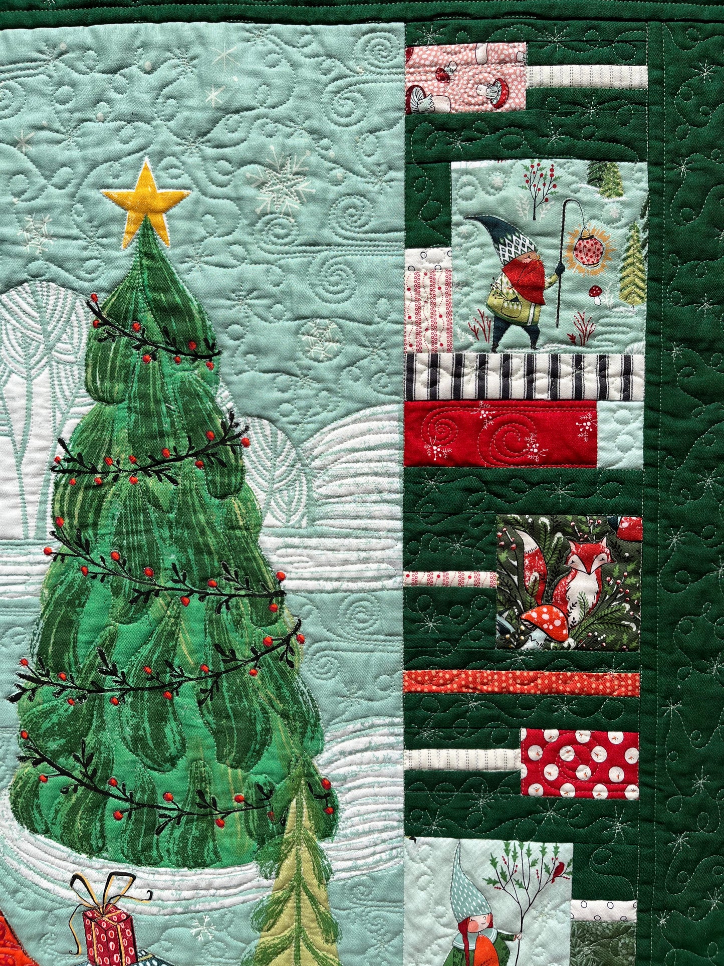 Christmas Handmade Baby Quilt - Baby's First Christmas Quilt, Enchanted Forest, Gnomes, Heirloom, Custom Quilted, Gender Neutral - Ready to Ship