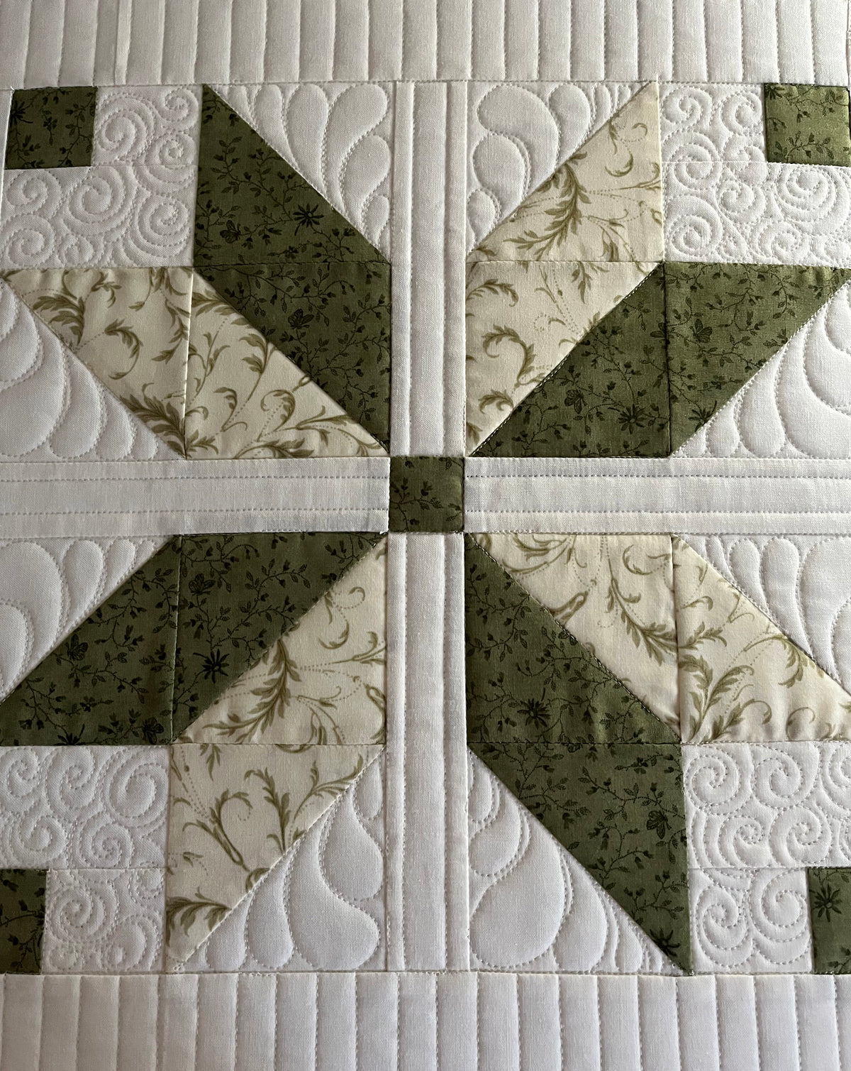 TABLE RUNNER - Handmade Fall, Thanksgiving, Holiday - Custom Quilted  - Soft Green, Cream & White (15x54)