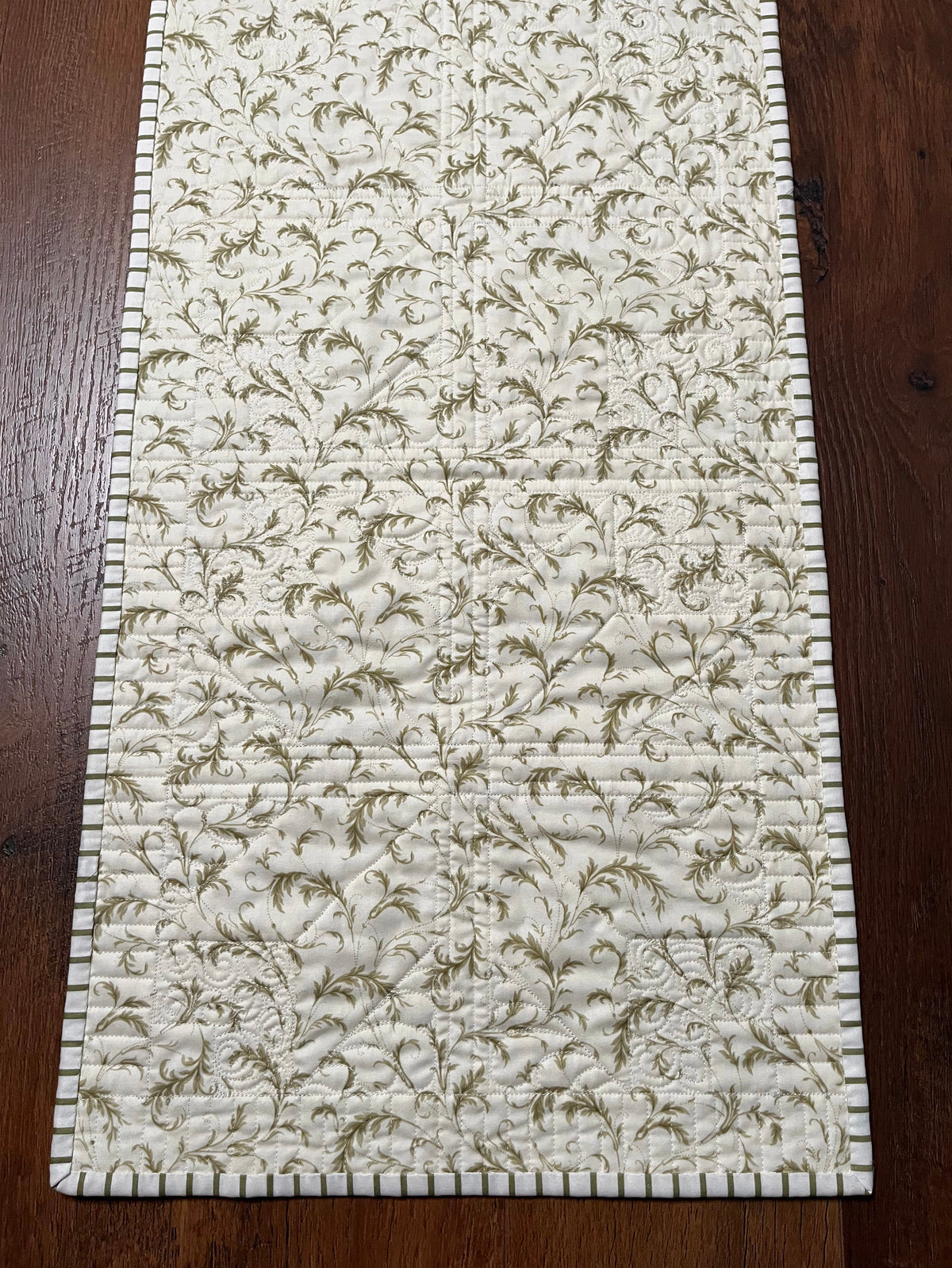 TABLE RUNNER - Handmade Fall, Thanksgiving, Holiday - Custom Quilted  - Soft Green, Cream & White (15x54)