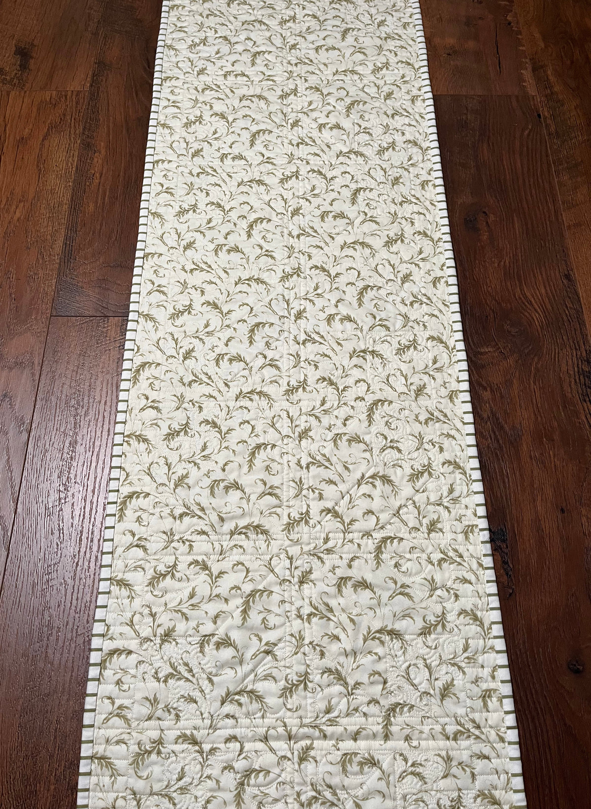 TABLE RUNNER - Handmade Fall, Thanksgiving, Holiday - Custom Quilted  - Soft Green, Cream & White (15x54)