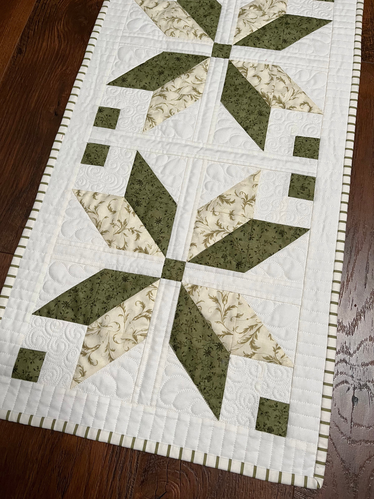 TABLE RUNNER - Handmade Fall, Thanksgiving, Holiday - Custom Quilted  - Soft Green, Cream & White (15x54)